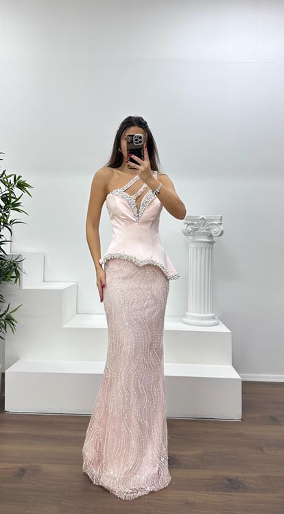 Pudra Asimetrik Kesim Tek Omuz Abiye Elbise