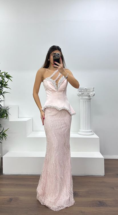 Pudra Asimetrik Kesim Tek Omuz Abiye Elbise