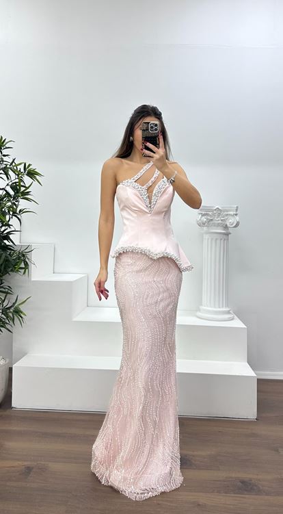 Pudra Asimetrik Kesim Tek Omuz Abiye Elbise