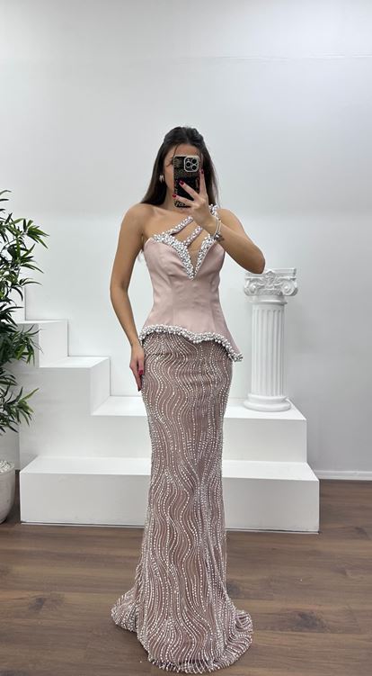 Cappuccıno Asimetrik Kesim Tek Omuz Abiye Elbise