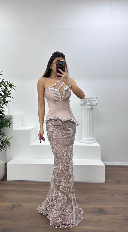 Cappuccıno Asimetrik Kesim Tek Omuz Abiye Elbise