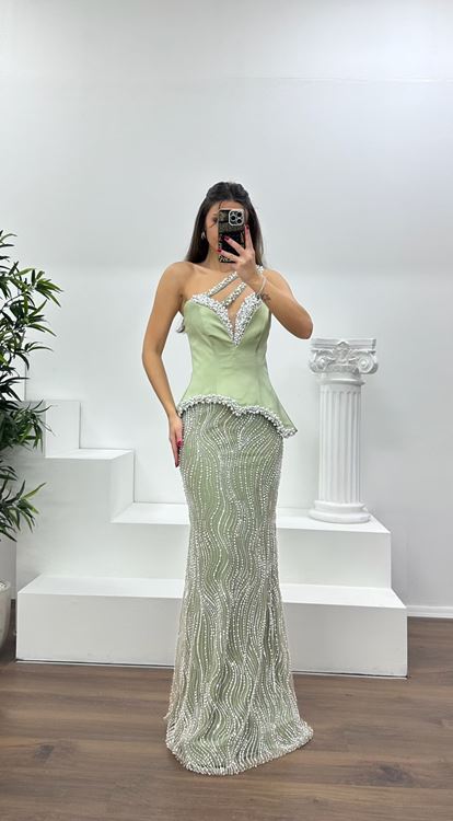 Haki Asimetrik Kesim Tek Omuz Abiye Elbise