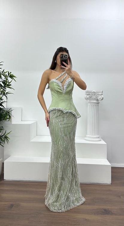 Haki Asimetrik Kesim Tek Omuz Abiye Elbise