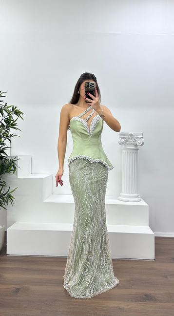 Haki Asimetrik Kesim Tek Omuz Abiye Elbise