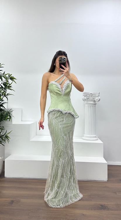 Haki Asimetrik Kesim Tek Omuz Abiye Elbise