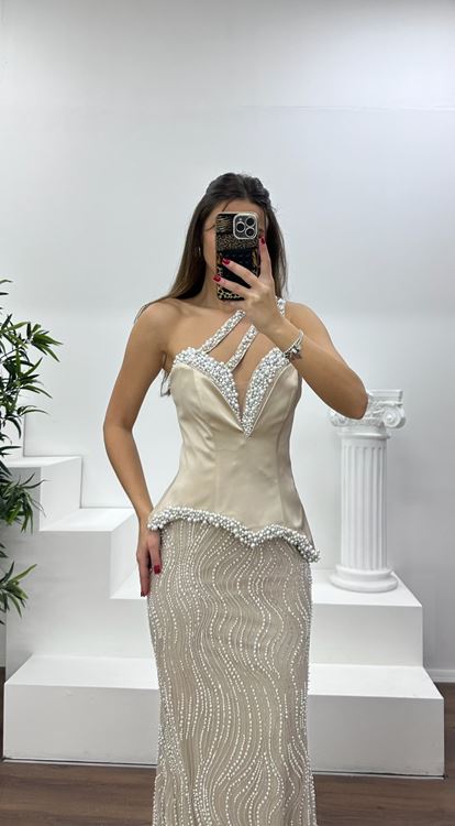 Bej Asimetrik Kesim Tek Omuz Abiye Elbise