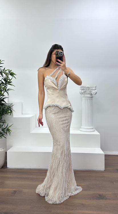 Bej Asimetrik Kesim Tek Omuz Abiye Elbise