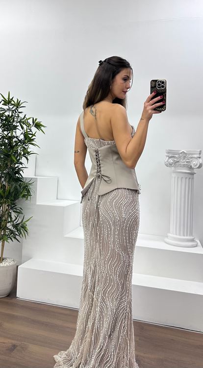 Taş Asimetrik Kesim Tek Omuz Abiye Elbise