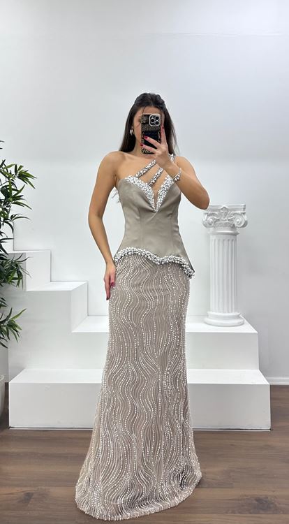 Taş Asimetrik Kesim Tek Omuz Abiye Elbise