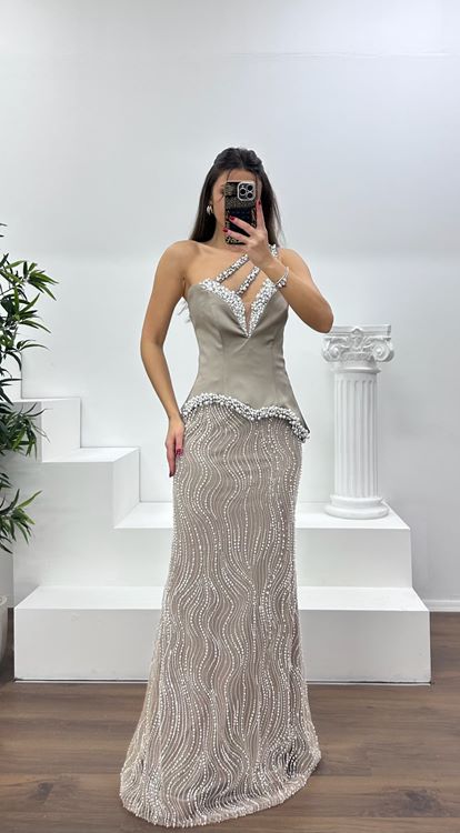 Taş Asimetrik Kesim Tek Omuz Abiye Elbise