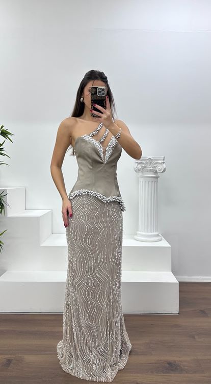 Taş Asimetrik Kesim Tek Omuz Abiye Elbise