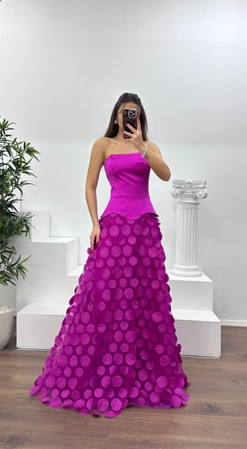 Fuşya Straplez Eteği 3D Baskılı Abiye Elbise