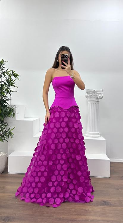 Fuşya Straplez Eteği 3D Baskılı Abiye Elbise