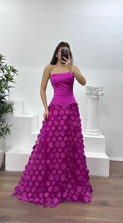 Fuşya Straplez Eteği 3D Baskılı Abiye Elbise