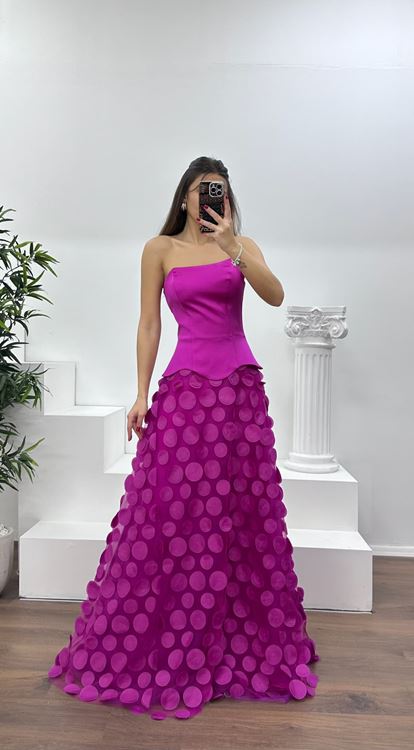 Fuşya Straplez Eteği 3D Baskılı Abiye Elbise