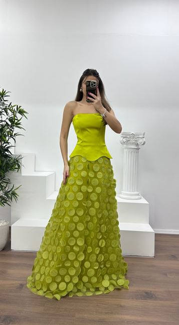 Fıstık Yeşili Straplez Eteği 3D Baskılı Abiye Elbise