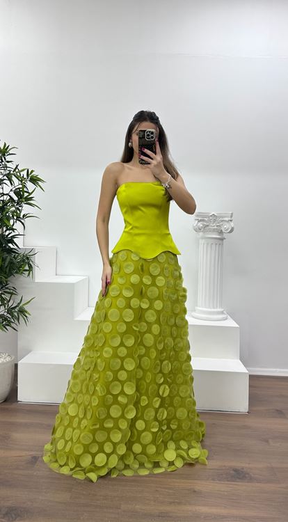 Fıstık Yeşili Straplez Eteği 3D Baskılı Abiye Elbise