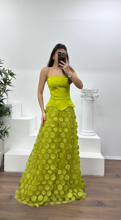 Fıstık Yeşili Straplez Eteği 3D Baskılı Abiye Elbise