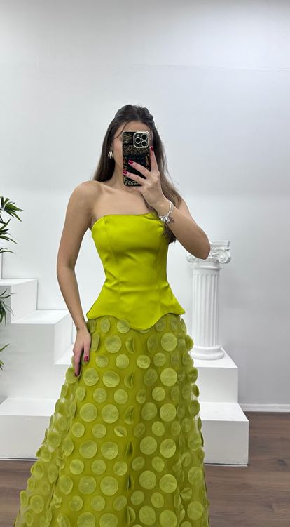 Fıstık Yeşili Straplez Eteği 3D Baskılı Abiye Elbise