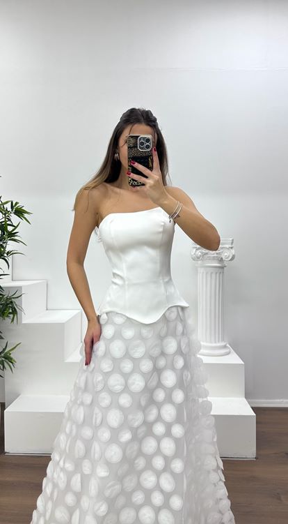 Kemik Straplez Eteği 3D Baskılı Abiye Elbise