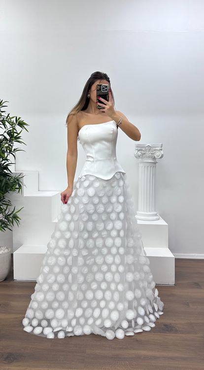 Kemik Straplez Eteği 3D Baskılı Abiye Elbise