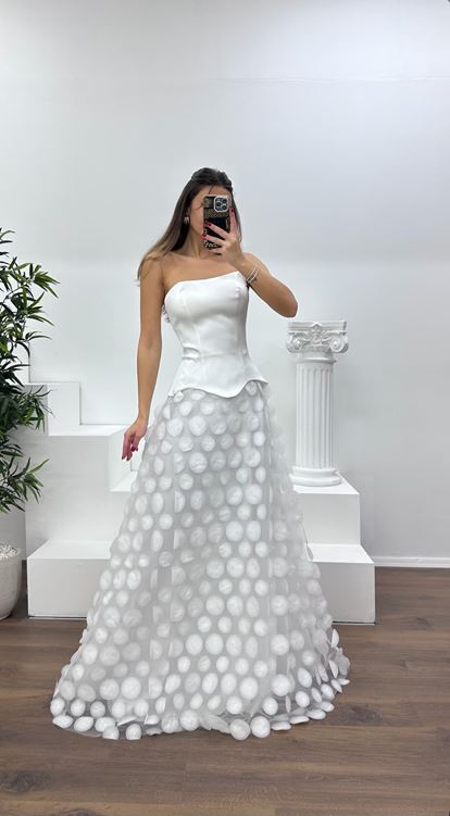 Kemik Straplez Eteği 3D Baskılı Abiye Elbise