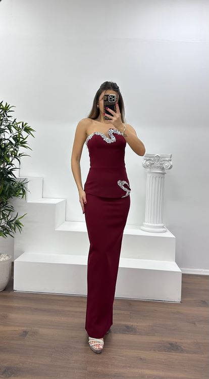 Bordo Asimetrik Kesim Straplez Kalem Abiye Elbise