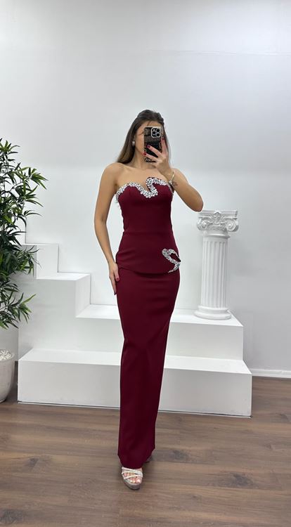 Bordo Asimetrik Kesim Straplez Kalem Abiye Elbise