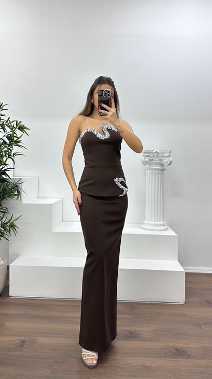 Kahve Asimetrik Kesim Straplez Kalem Abiye Elbise