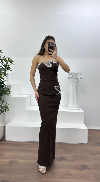 Kahve Asimetrik Kesim Straplez Kalem Abiye Elbise