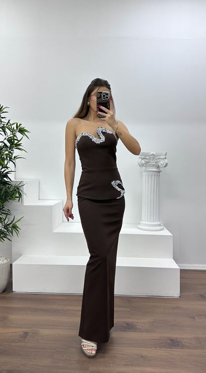 Kahve Asimetrik Kesim Straplez Kalem Abiye Elbise