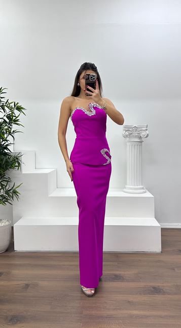 Fuşya Asimetrik Kesim Straplez Kalem Abiye Elbise