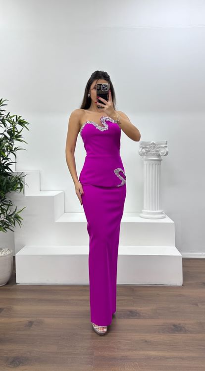 Fuşya Asimetrik Kesim Straplez Kalem Abiye Elbise