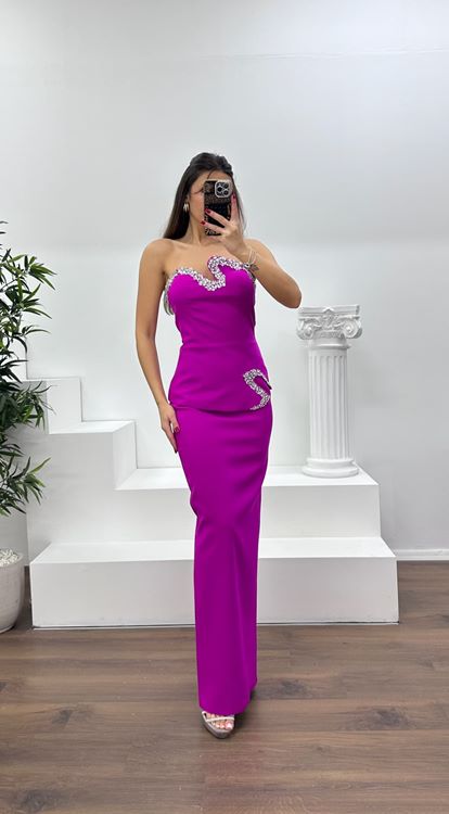 Fuşya Asimetrik Kesim Straplez Kalem Abiye Elbise