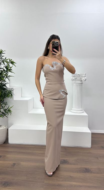 Taş Asimetrik Kesim Straplez Kalem Abiye Elbise