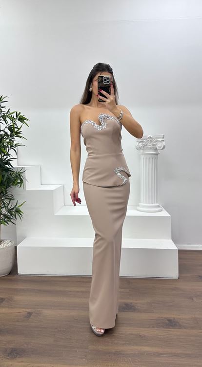 Taş Asimetrik Kesim Straplez Kalem Abiye Elbise