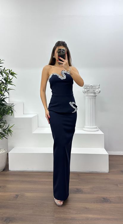 Lacivert Asimetrik Kesim Straplez Kalem Abiye Elbise