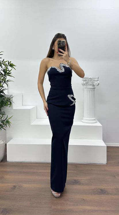 Lacivert Asimetrik Kesim Straplez Kalem Abiye Elbise