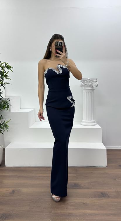 Lacivert Asimetrik Kesim Straplez Kalem Abiye Elbise