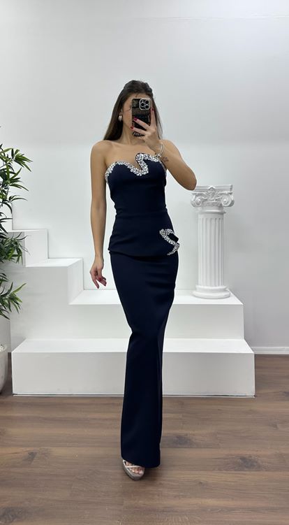 Lacivert Asimetrik Kesim Straplez Kalem Abiye Elbise