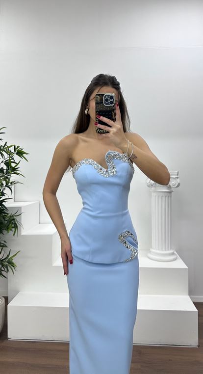 Bebe Mavi Asimetrik Kesim Straplez Kalem Abiye Elbise