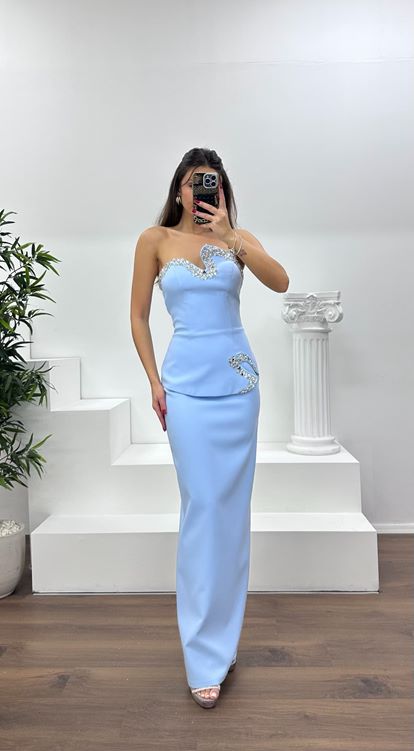 Bebe Mavi Asimetrik Kesim Straplez Kalem Abiye Elbise