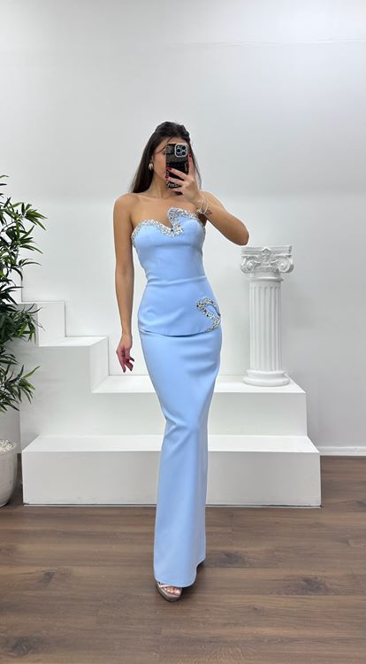 Bebe Mavi Asimetrik Kesim Straplez Kalem Abiye Elbise