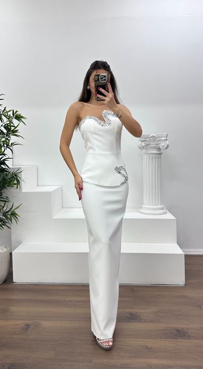 Kemik Asimetrik Kesim Straplez Kalem Abiye Elbise