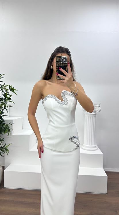 Kemik Asimetrik Kesim Straplez Kalem Abiye Elbise