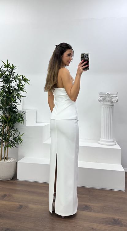 Kemik Asimetrik Kesim Straplez Kalem Abiye Elbise