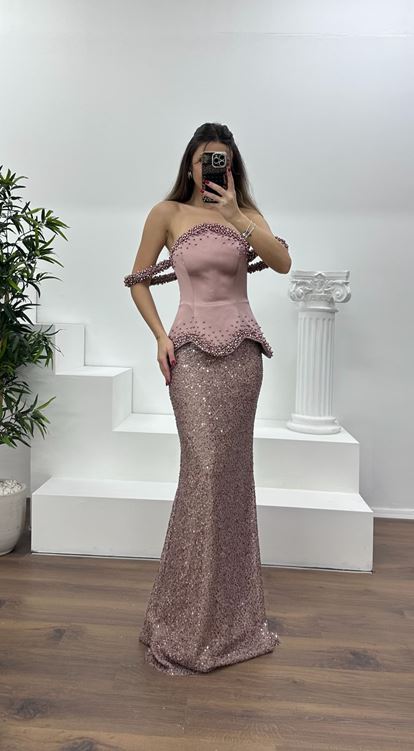 Gül Kurusu Kolları  Boncuklu Straplez Abiye Elbise