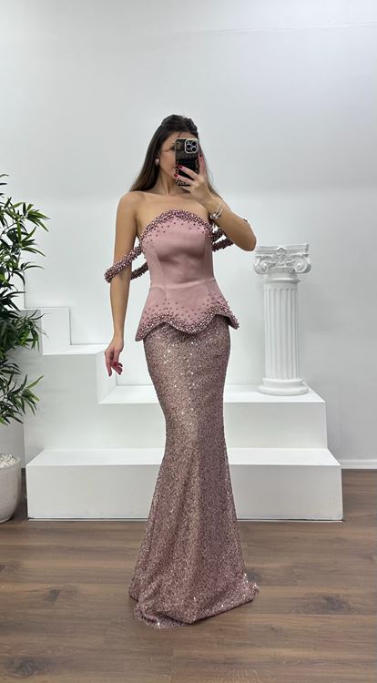 Gül Kurusu Kolları  Boncuklu Straplez Abiye Elbise