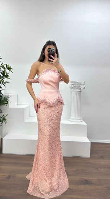 Pudra Kolları  Boncuklu Straplez Abiye Elbise