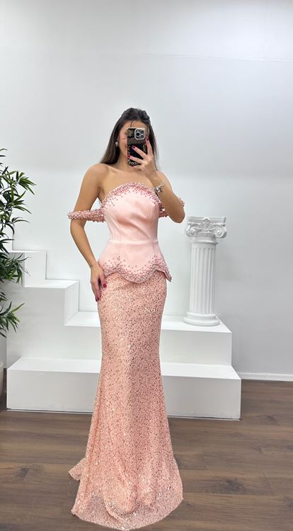 Pudra Kolları  Boncuklu Straplez Abiye Elbise